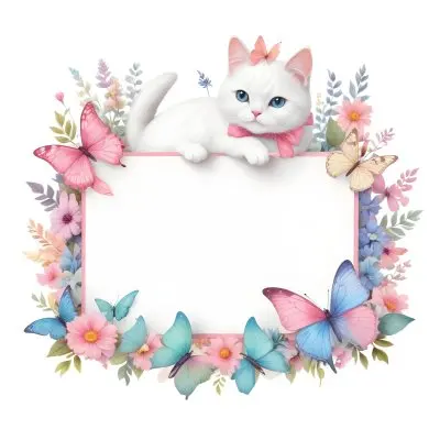 A Cute White Cat With A Pink Bow Holding A Blank Sign Surrounded By Colorful Butterflies Flowers And Pastel Decorations 340 B143