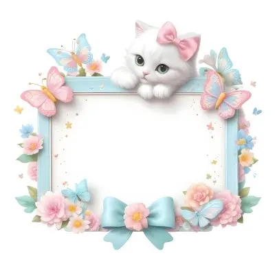 A Cute White Cat With A Pink Bow Holding A Blank Sign Surrounded By Colorful Butterflies Flowers And Pastel Decorations 341 B201