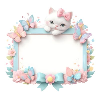 A Cute White Cat With A Pink Bow Holding A Blank Sign Surrounded By Colorful Butterflies Flowers And Pastel Decorations 342 Eb12