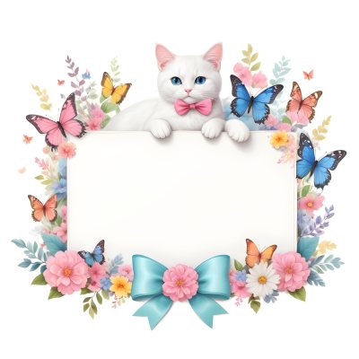 A Cute White Cat With A Pink Bow Holding A Blank Sign Surrounded By Colorful Butterflies Flowers And Pastel Decorations 344 8ec5