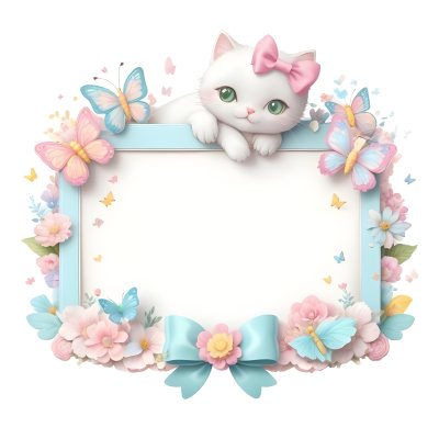 A Cute White Cat With A Pink Bow Holding A Blank Sign Surrounded By Colorful Butterflies Flowers And Pastel Decorations 346 Ef1b