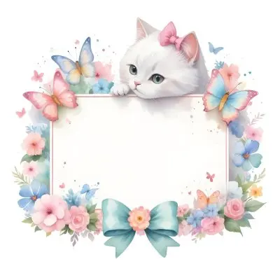 A Cute White Cat With A Pink Bow Holding A Blank Sign Surrounded By Colorful Butterflies Flowers And Pastel Decorations 348 1f8e