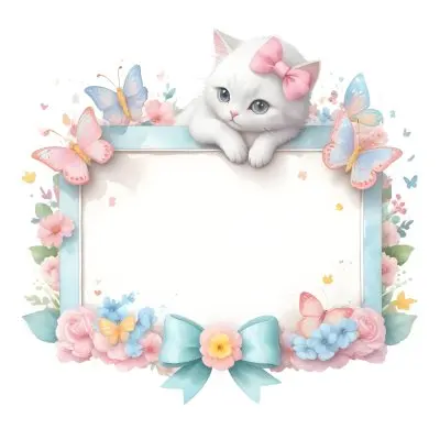 A Cute White Cat With A Pink Bow Holding A Blank Sign Surrounded By Colorful Butterflies Flowers And Pastel Decorations 349 091b