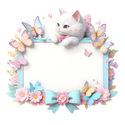 A Cute White Cat With A Pink Bow Holding A Blank Sign Surrounded By Colorful Butterflies Flowers And Pastel Decorations 35 2eea