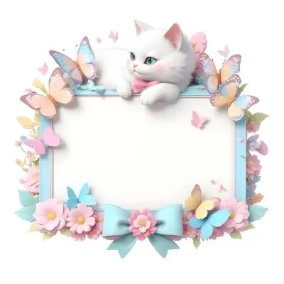 A Cute White Cat With A Pink Bow Holding A Blank Sign Surrounded By Colorful Butterflies Flowers And Pastel Decorations 35 2eea