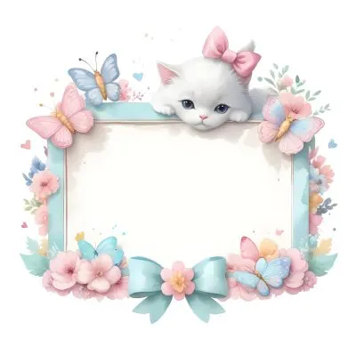 A Cute White Cat With A Pink Bow Holding A Blank Sign Surrounded By Colorful Butterflies Flowers And Pastel Decorations 351 A434