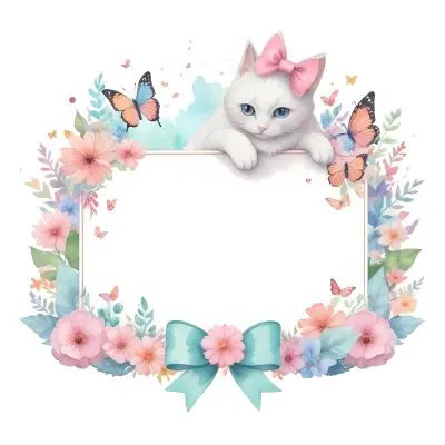 A Cute White Cat With A Pink Bow Holding A Blank Sign Surrounded By Colorful Butterflies Flowers And Pastel Decorations 352 F83d