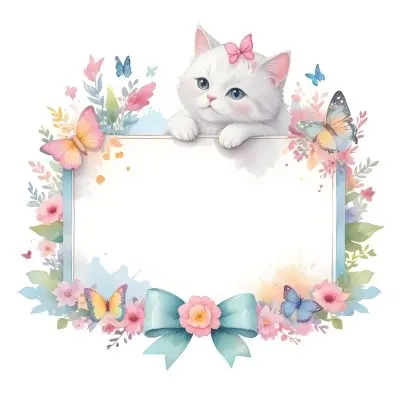 A Cute White Cat With A Pink Bow Holding A Blank Sign Surrounded By Colorful Butterflies Flowers And Pastel Decorations 353 Bf2c