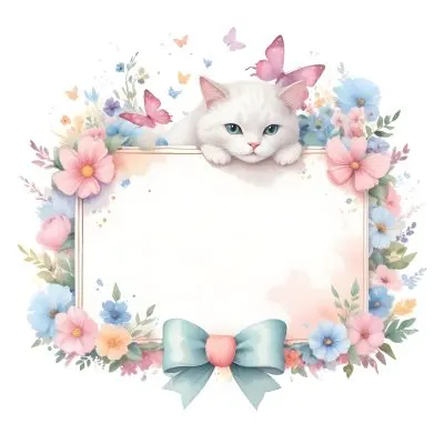 A Cute White Cat With A Pink Bow Holding A Blank Sign Surrounded By Colorful Butterflies Flowers And Pastel Decorations 354 3981