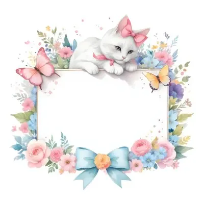 A Cute White Cat With A Pink Bow Holding A Blank Sign Surrounded By Colorful Butterflies Flowers And Pastel Decorations 356 85cf