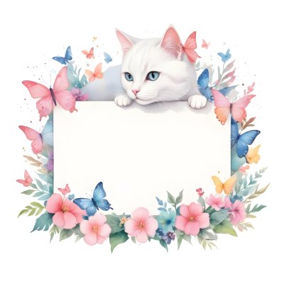 A Cute White Cat With A Pink Bow Holding A Blank Sign Surrounded By Colorful Butterflies Flowers And Pastel Decorations 357 15d0
