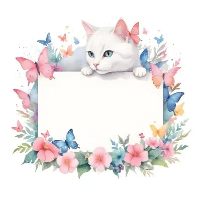 A Cute White Cat With A Pink Bow Holding A Blank Sign Surrounded By Colorful Butterflies Flowers And Pastel Decorations 357 15d0