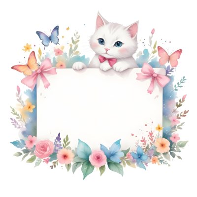 A Cute White Cat With A Pink Bow Holding A Blank Sign Surrounded By Colorful Butterflies Flowers And Pastel Decorations 358 917a