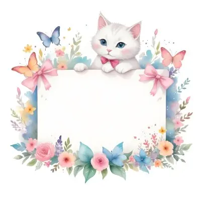 A Cute White Cat With A Pink Bow Holding A Blank Sign Surrounded By Colorful Butterflies Flowers And Pastel Decorations 358 917a
