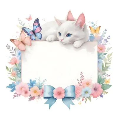 A Cute White Cat With A Pink Bow Holding A Blank Sign Surrounded By Colorful Butterflies Flowers And Pastel Decorations 359 Cb2d