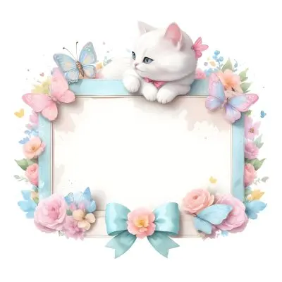 A Cute White Cat With A Pink Bow Holding A Blank Sign Surrounded By Colorful Butterflies Flowers And Pastel Decorations 360 C162