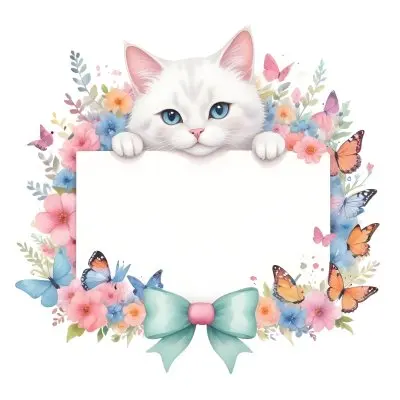 A Cute White Cat With A Pink Bow Holding A Blank Sign Surrounded By Colorful Butterflies Flowers And Pastel Decorations 361 B385