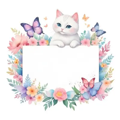 A Cute White Cat With A Pink Bow Holding A Blank Sign Surrounded By Colorful Butterflies Flowers And Pastel Decorations 362 0fab