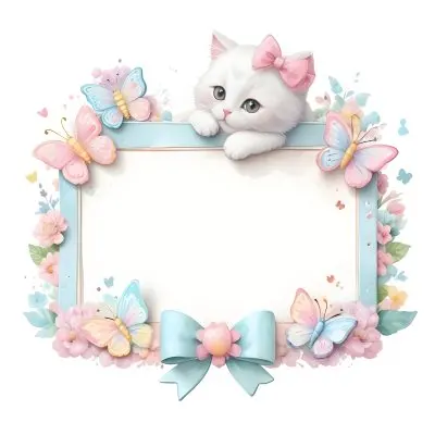 A Cute White Cat With A Pink Bow Holding A Blank Sign Surrounded By Colorful Butterflies Flowers And Pastel Decorations 363 9182