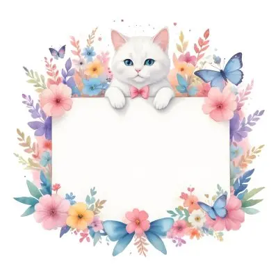 A Cute White Cat With A Pink Bow Holding A Blank Sign Surrounded By Colorful Butterflies Flowers And Pastel Decorations 365 D160