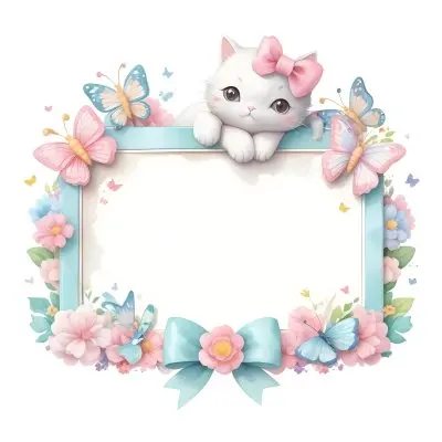 A Cute White Cat With A Pink Bow Holding A Blank Sign Surrounded By Colorful Butterflies Flowers And Pastel Decorations 366 1d3f