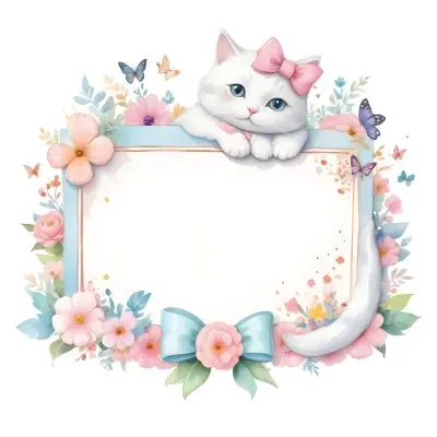A Cute White Cat With A Pink Bow Holding A Blank Sign Surrounded By Colorful Butterflies Flowers And Pastel Decorations 368 6e64