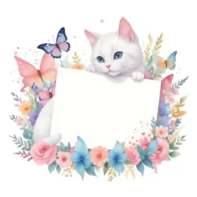 A Cute White Cat With A Pink Bow Holding A Blank Sign Surrounded By Colorful Butterflies Flowers And Pastel Decorations 370 298e