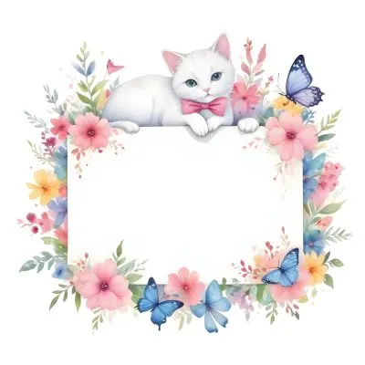 A Cute White Cat With A Pink Bow Holding A Blank Sign Surrounded By Colorful Butterflies Flowers And Pastel Decorations 371 88f0