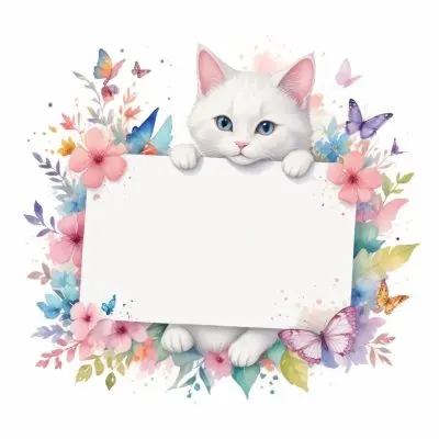 A Cute White Cat With A Pink Bow Holding A Blank Sign Surrounded By Colorful Butterflies Flowers And Pastel Decorations 372 Ef79