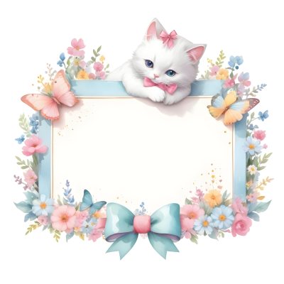 A Cute White Cat With A Pink Bow Holding A Blank Sign Surrounded By Colorful Butterflies Flowers And Pastel Decorations 373 D38f