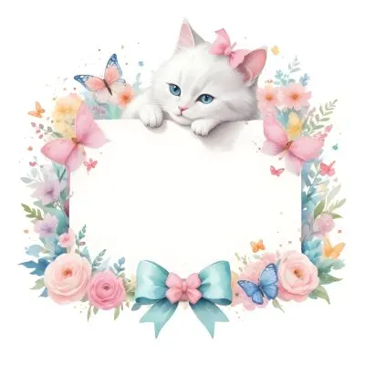 A Cute White Cat With A Pink Bow Holding A Blank Sign Surrounded By Colorful Butterflies Flowers And Pastel Decorations 374 Ada7
