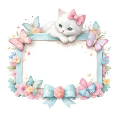 A Cute White Cat With A Pink Bow Holding A Blank Sign Surrounded By Colorful Butterflies Flowers And Pastel Decorations 376 B6b5