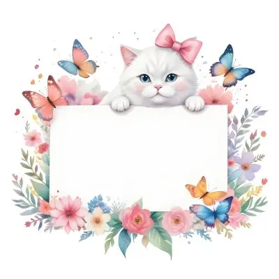 A Cute White Cat With A Pink Bow Holding A Blank Sign Surrounded By Colorful Butterflies Flowers And Pastel Decorations 377 Ff8c