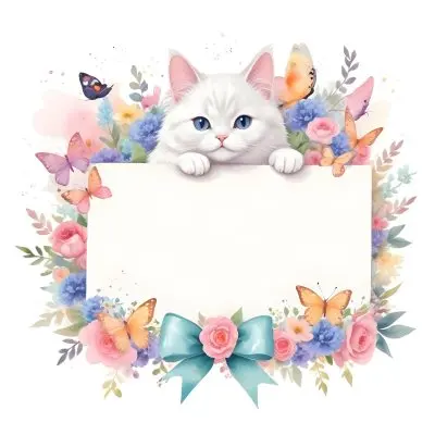 A Cute White Cat With A Pink Bow Holding A Blank Sign Surrounded By Colorful Butterflies Flowers And Pastel Decorations 378 Ef89