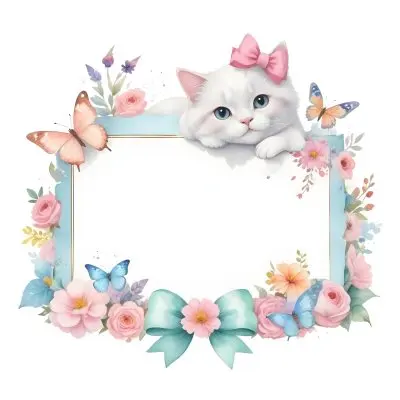 A Cute White Cat With A Pink Bow Holding A Blank Sign Surrounded By Colorful Butterflies Flowers And Pastel Decorations 379 Ea45