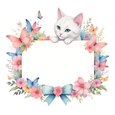 A Cute White Cat With A Pink Bow Holding A Blank Sign Surrounded By Colorful Butterflies Flowers And Pastel Decorations 380 72b8