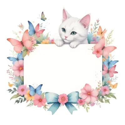 A Cute White Cat With A Pink Bow Holding A Blank Sign Surrounded By Colorful Butterflies Flowers And Pastel Decorations 380 72b8