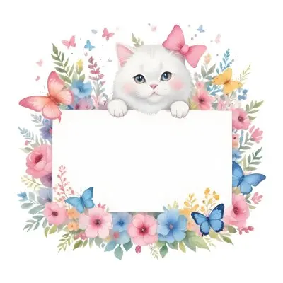 A Cute White Cat With A Pink Bow Holding A Blank Sign Surrounded By Colorful Butterflies Flowers And Pastel Decorations 381 B2ba