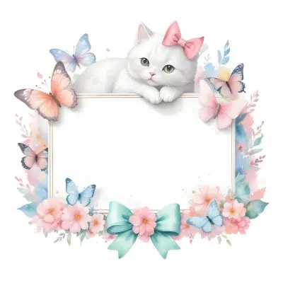 A Cute White Cat With A Pink Bow Holding A Blank Sign Surrounded By Colorful Butterflies Flowers And Pastel Decorations 383 65c5