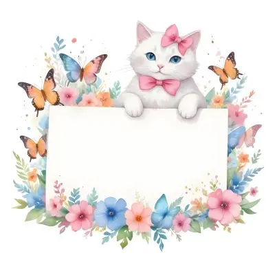 A Cute White Cat With A Pink Bow Holding A Blank Sign Surrounded By Colorful Butterflies Flowers And Pastel Decorations 384 Dcb9