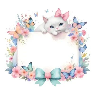 A Cute White Cat With A Pink Bow Holding A Blank Sign Surrounded By Colorful Butterflies Flowers And Pastel Decorations 386 3e0a