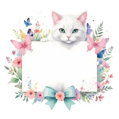 A Cute White Cat With A Pink Bow Holding A Blank Sign Surrounded By Colorful Butterflies Flowers And Pastel Decorations 387 Fe85