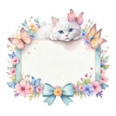 A Cute White Cat With A Pink Bow Holding A Blank Sign Surrounded By Colorful Butterflies Flowers And Pastel Decorations 388 D8e4