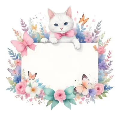 A Cute White Cat With A Pink Bow Holding A Blank Sign Surrounded By Colorful Butterflies Flowers And Pastel Decorations 390 E998