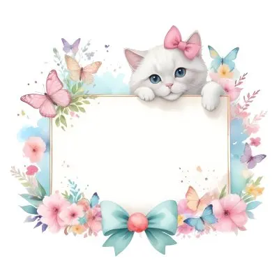 A Cute White Cat With A Pink Bow Holding A Blank Sign Surrounded By Colorful Butterflies Flowers And Pastel Decorations 391 Ce0e