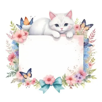 A Cute White Cat With A Pink Bow Holding A Blank Sign Surrounded By Colorful Butterflies Flowers And Pastel Decorations 392 8ec8