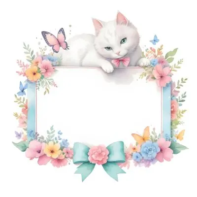 A Cute White Cat With A Pink Bow Holding A Blank Sign Surrounded By Colorful Butterflies Flowers And Pastel Decorations 393 1d63