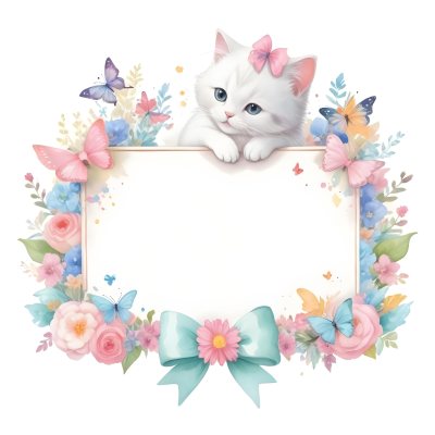A Cute White Cat With A Pink Bow Holding A Blank Sign Surrounded By Colorful Butterflies Flowers And Pastel Decorations 394 858b