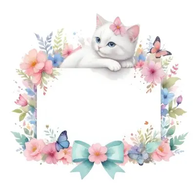A Cute White Cat With A Pink Bow Holding A Blank Sign Surrounded By Colorful Butterflies Flowers And Pastel Decorations 395 B0bf