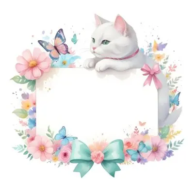 A Cute White Cat With A Pink Bow Holding A Blank Sign Surrounded By Colorful Butterflies Flowers And Pastel Decorations 396 Abda